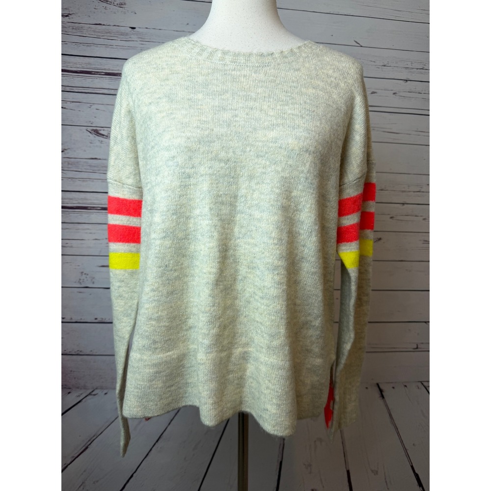 Crown & Ivy Sweater Large Grey Neon Striped High Low Pullover Womens Knit NWT